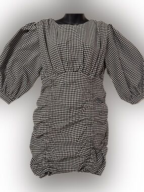 Whiteroom + Cactus Black & White Gingham Ruched Puff-Sleeve Dress size M